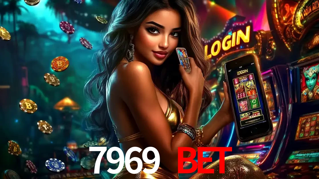 Mulher em um cenário de cassino temático de aventura, mostrando o app de caça-níqueis da 7969 bet no celular. Fichas de apostas flutuam ao redor.